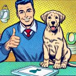 トイレの躾をマスターしたラブラドールの子犬を笑顔の飼い主