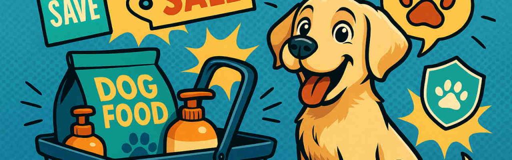 節約アイデアを発見したラブラドール子犬とクーポン・フード・保険書類が並ぶ