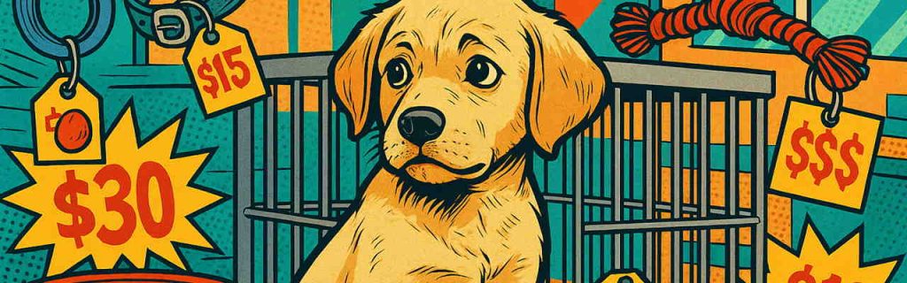 ペットショップのサークル内で生活用品と価格に囲まれたラブラドール子犬のイラスト