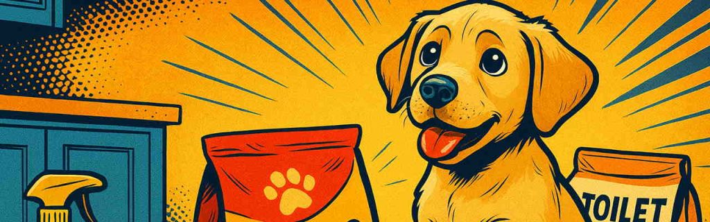 ドッグフードやトイレ用品に囲まれておねだりするラブラドール子犬のアメコミ風イラスト