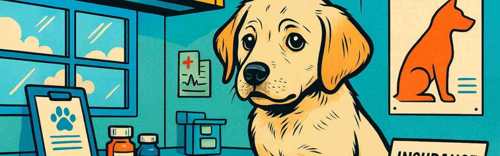 動物病院で診察を受けるラブラドール子犬と注射・保険証が描かれたコミック風イラスト