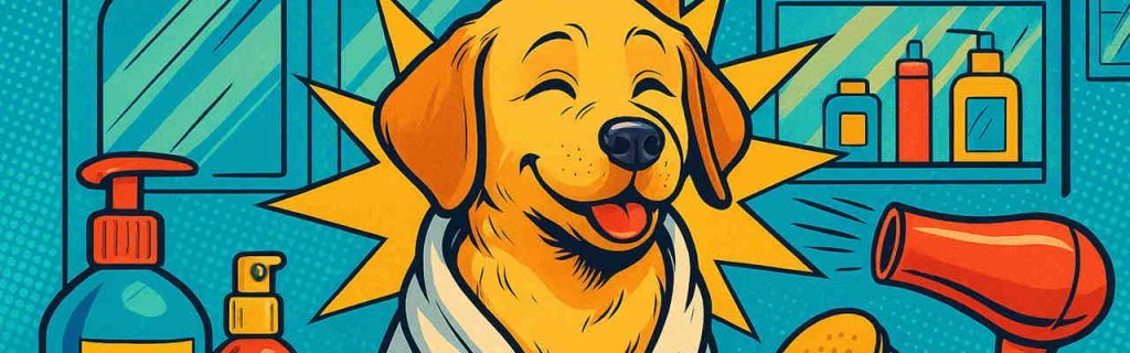 タオルに包まれたラブラドール子犬とシャンプー・ドライヤーなどのケア用品のイラスト