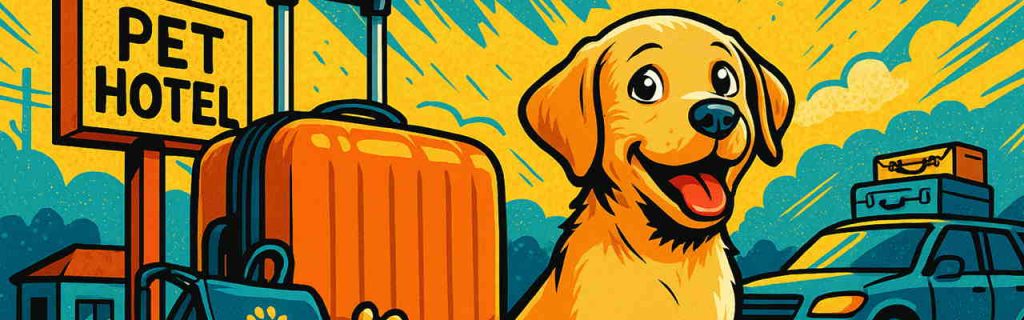 旅行準備をするラブラドール子犬とスーツケース、ペットホテルの看板が描かれた