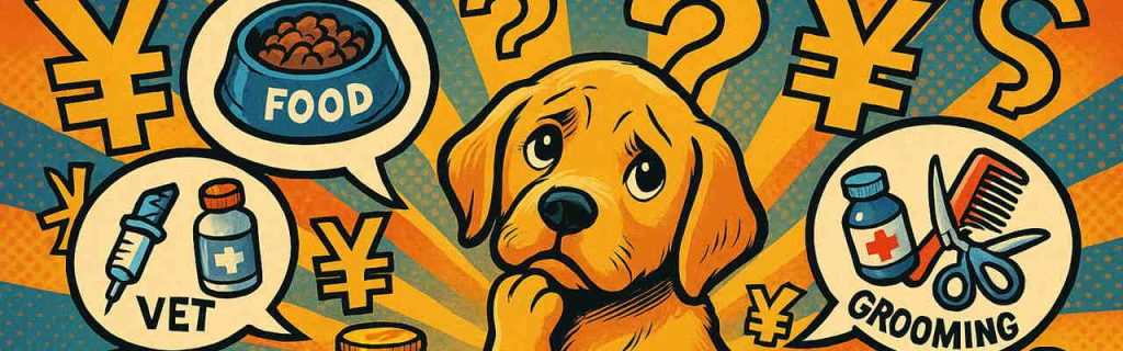 費用に悩むラブラドール子犬と家計簿・コイン・支出カテゴリの吹き出しがある