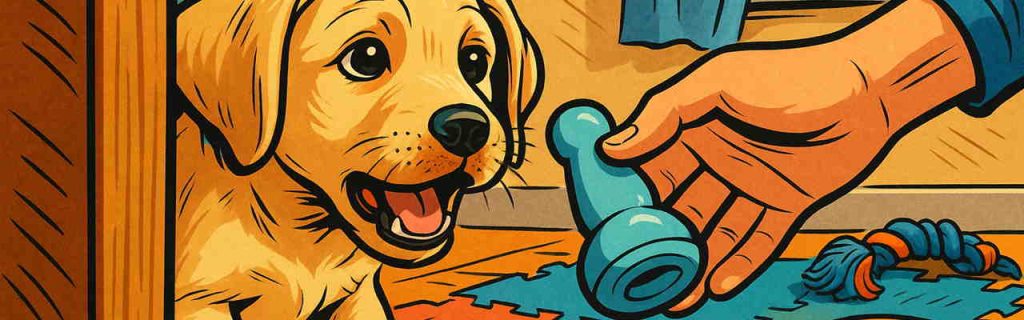 家具を噛もうとする子犬に飼い主が安全なおもちゃを差し出している場面

