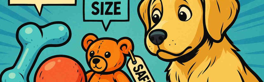 ゴムトイやボール、ぬいぐるみを前にどれを選ぶか悩んでいるラブラドールの子犬