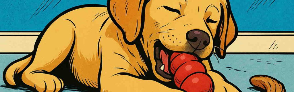 柔らかい噛むおもちゃを使って遊ぶラブラドールの子犬と周囲にあるナイラボーンや鹿角