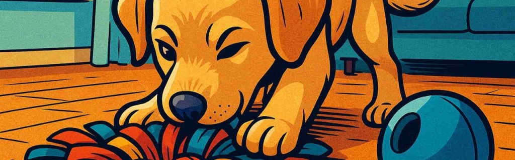 室内でノーズワークマットとトリーツボールを使って一人遊びをしているラブラドールの子犬