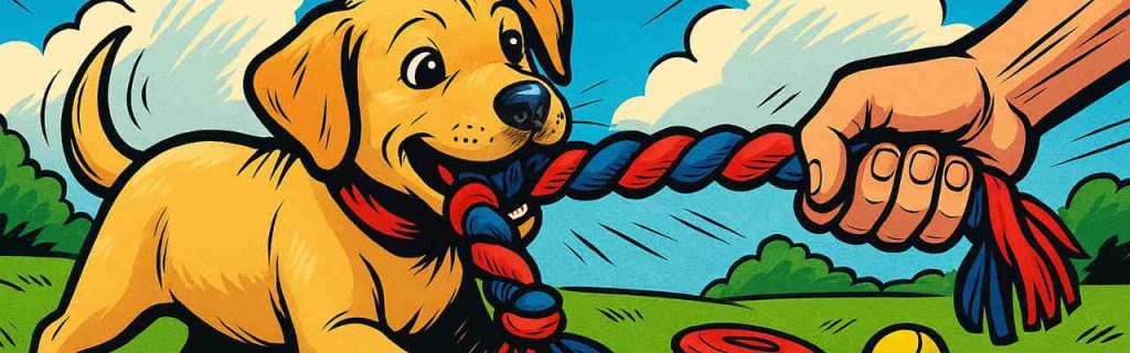 芝生の上でロープトイを使い飼い主と引っ張り合い遊びをするラブラドールの子犬