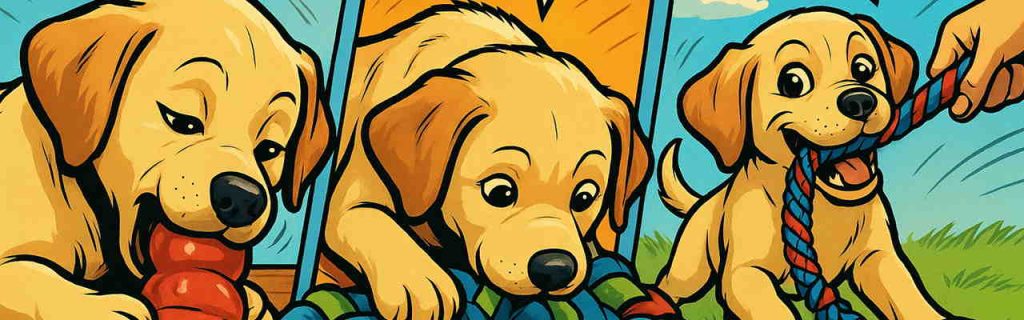 コング、ノーズワークマット、ロープトイを使用して遊ぶ子犬たち