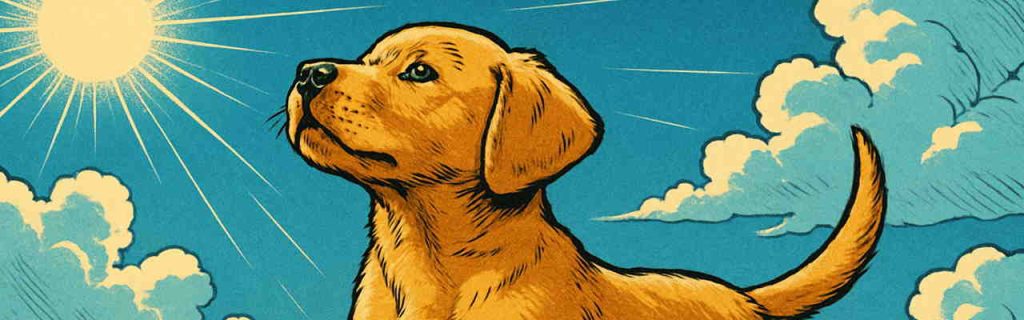 成長を始めたばかりのラブラドールの子犬が草原に立つ姿