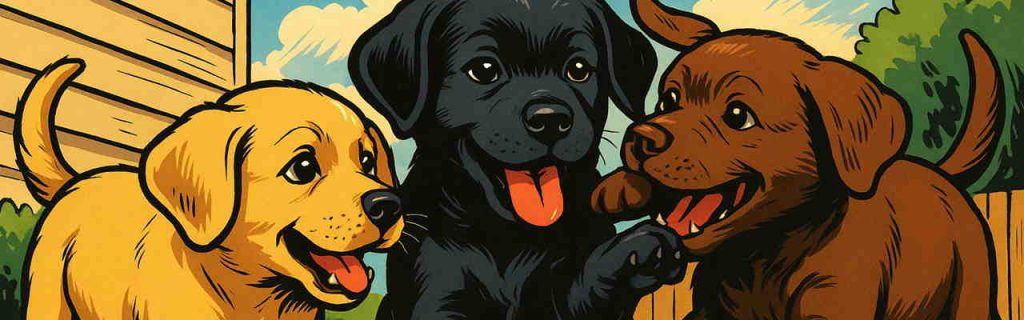 ラブラドールの子犬たちが芝生の上で無邪気にじゃれ合っている様子