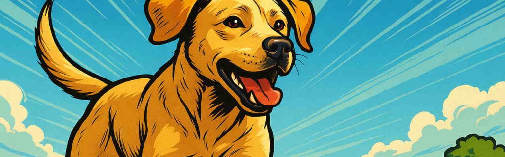 成犬に近づいたラブラドールが原っぱを元気に走っている姿