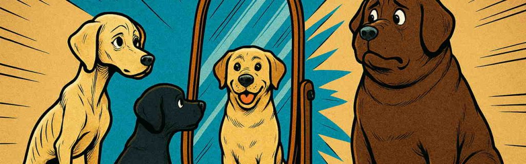 異なる体型のラブラドールが鏡の前に並び、自分の姿を見ている様子