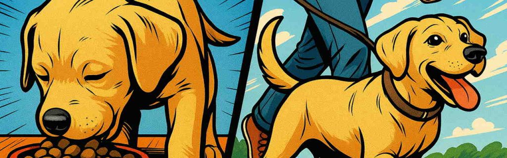 ラブラドールがフードボウルで食事を取り、飼い主と散歩している2シーン構成