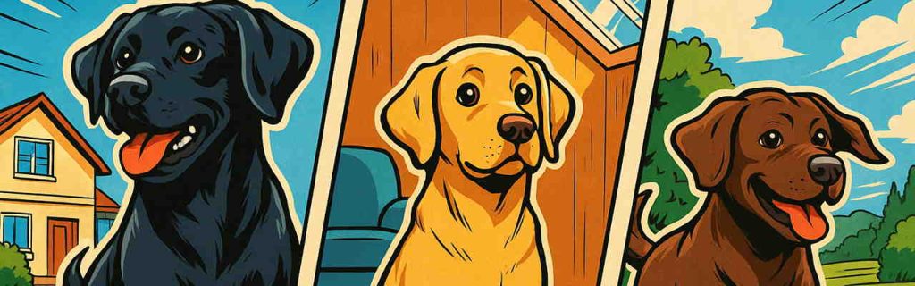 異なる環境で過ごす3匹のラブラドールがそれぞれの生活を楽しむ様子