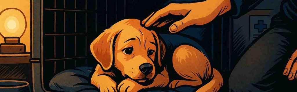 クレートの中のラブラドールの子犬に優しく触れる飼い主の手