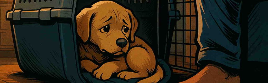 新しい家で初めての夜を過ごすラブラドールの子犬とそばにいる飼い主の姿