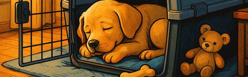 クレートの中でリラックスして眠るラブラドールの子犬