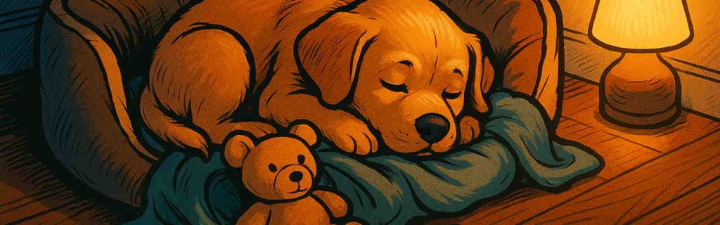 ぬいぐるみやブランケットに囲まれて安心して眠るラブラドールの子犬