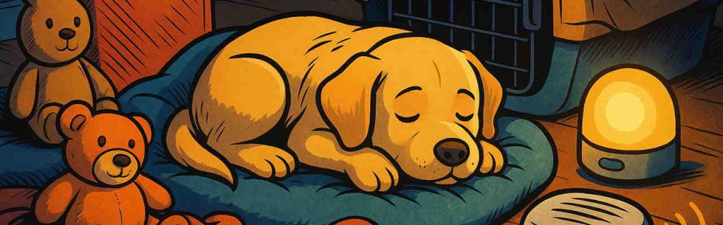 夜泣き対策グッズに囲まれて眠るラブラドールの子犬