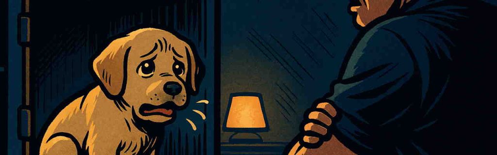 夜に叱られて不安そうな表情を見せるラブラドールの子犬