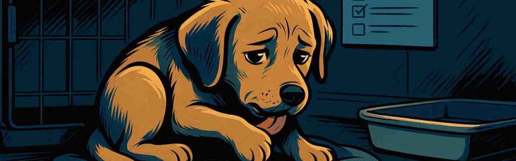 健康不安で体を舐めるラブラドールの子犬と周囲のチェックアイテム