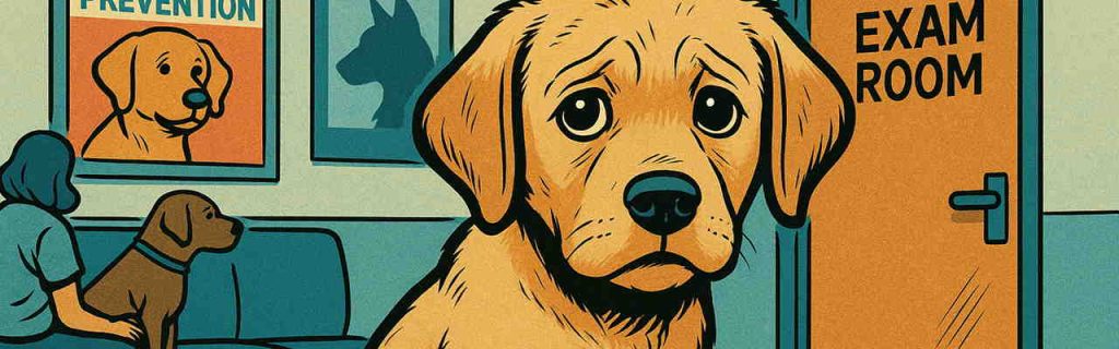 ラブラドール子犬が動物病院で診察を待つ様子のアメコミ風イラスト