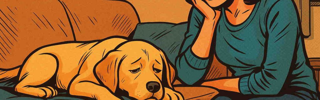 体調不良のラブラドール子犬を心配する飼い主の家庭内シーン