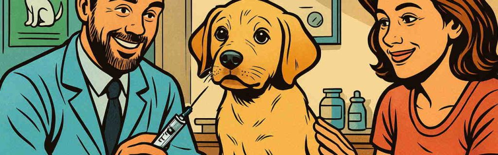 予防接種を受けるラブラドール子犬と獣医師との診察シーン