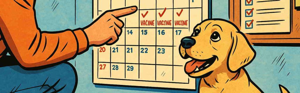 予防接種スケジュールを確認する飼い主とラブラドール子犬の様子