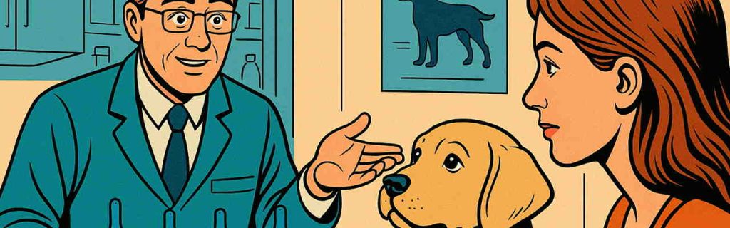 複数のワクチンと説明を受けるラブラドール子犬と飼い主の場面