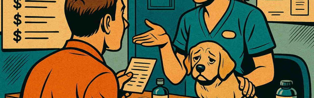 動物病院の受付で費用について相談する飼い主とラブラドール子犬